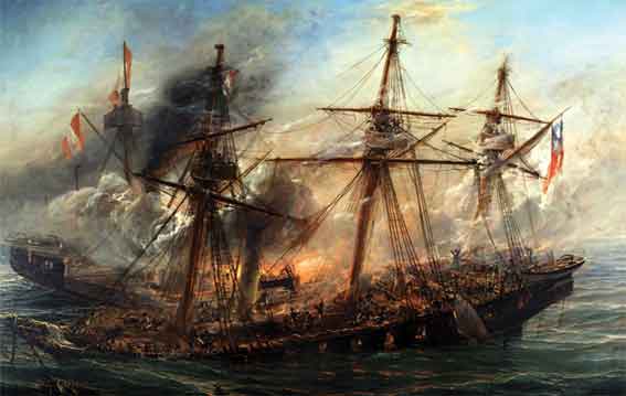 Combate naval de Iquique (21/05/1879) | Óleo: Thomas Jacques Somerscales (siglo XIX)