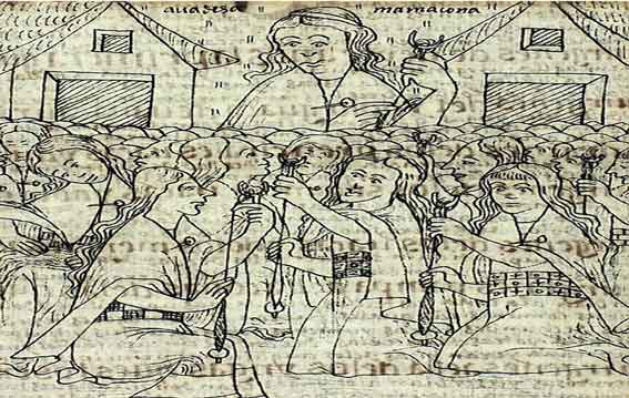 Acllahuasi: Casa de las escogidas, en la imgen se aprecia a la mamacona y las acllas | Ilustración de Felipe Guamán Poma de Ayala (1615).