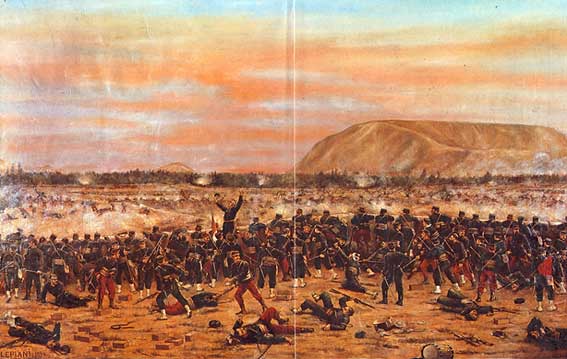Batalla de Miraflores (15 de enero de 1881), representa una escena de la batalla de Miraflores, encuentro librado por la defensa de Lima, donde pelearon valerosamente civiles improvisados frente a fuerzas superiores en número y poderío bélico | Óleo: Juan B. Lepiani (1894)