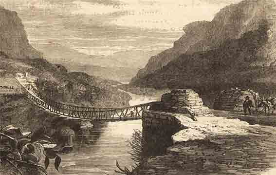Puente colgante (Río Pampas). | Ilustración del libro: Perú; Incidentes de viajes y exploración en la tierra de los incas de Ephraim George Squier (1877).