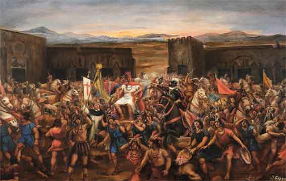 Captura de Atahualpa, pintura que representa la captura de Atahualpa en Cajamarca (16 de noviembre de 1532) | Óleo: Juan B. Lepiani