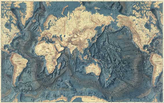 El “World Ocean Floor Panorama” (Panorama mundial del suelo oceánico) | Fuente: Marie Tharp, Bruce Heezen y Heinrich Berann (1977).