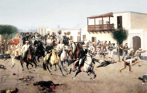 Entrada de Nicolás de Piérola a Lima por la Puerta de Cocharcas, durante la Guerra Civil en el Perú de 1894-1895. | Óleo: Juan B. Lepiani (1895).