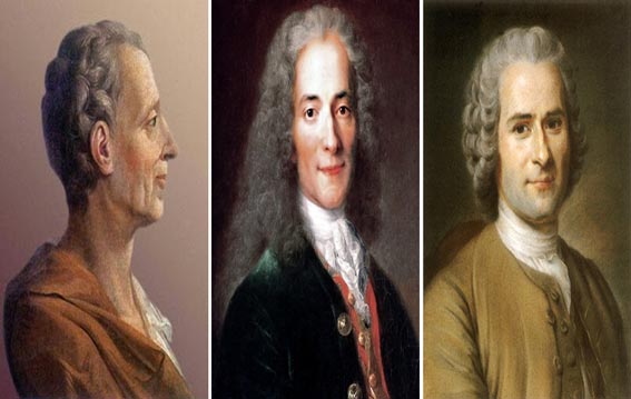 Filósofos de la Ilustración: Montesquieu, Voltaire y Rousseau.