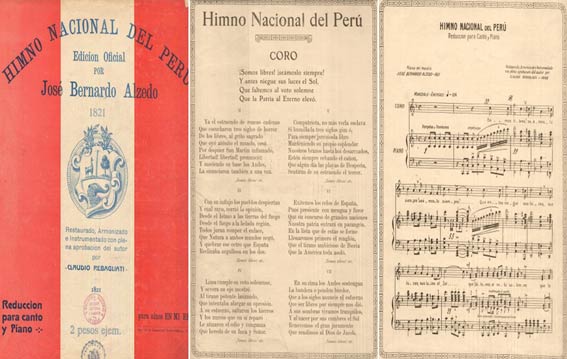 Imagen izquierda: Himno Nacional del Perú restaurado por Claudio Rebagliati (1869) | Imagen central: Letra del Himno Nacional del Perú | Imagen derecha: Partitura del Himno Nacional del Perú.
