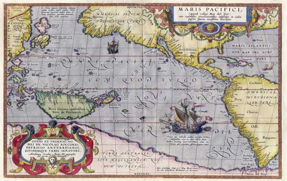 Maris Pacifici, uno de los primeros mapas impresos que muestran el océano Pacífico | Fuente: Abraham Ortelius (1589).