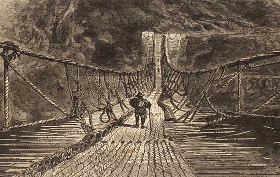 Puente Colgante Inca, Río Pampas | Ilustración Ephraim George Squier (1877).