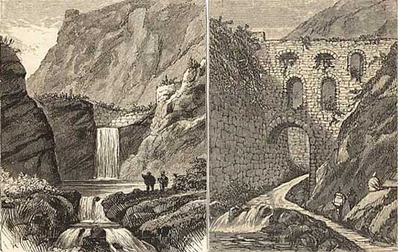 Puente de piedra inca. | Ilustración del libro: Perú; Incidentes de viajes y exploración en la tierra de los incas de Ephraim George Squier (1877).