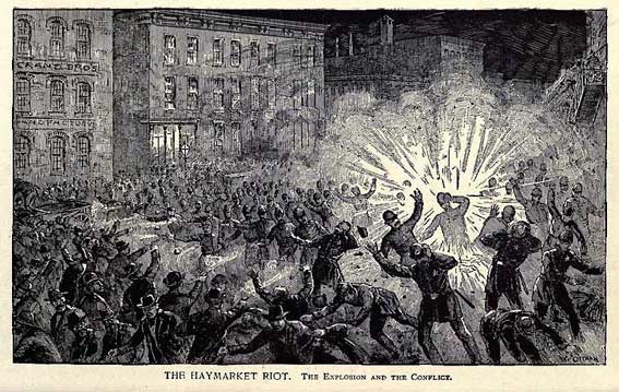 Grabado que muestra la explosión en la Revuelta de Haymarket (4 de mayo de 1886)