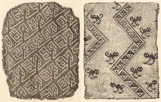 Imagen izquierda: Manta de alpaca inca, imagen derecha: Manta de algodon inca. | Fuente: Perú; Incidentes de viajes y exploración en la tierra de los incas de Ephraim George Squier (1877).