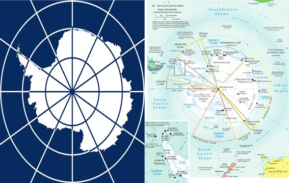Imagen izquierda: Emblema del Tratado Antártico. | Imagen derecha: Mapa de la antártida, estaciones de investigación y territorios reclamados en la Antártida (2002). 