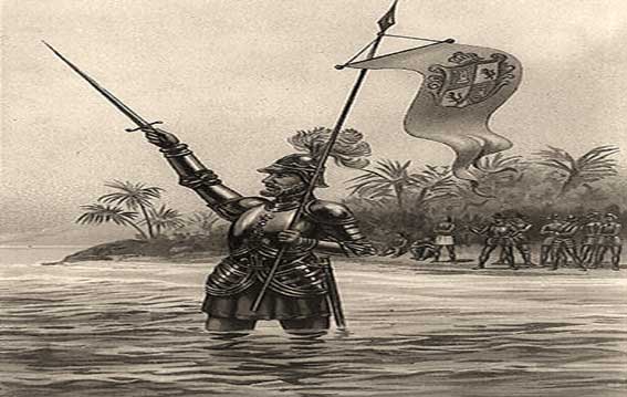 Vasco Núñez de Balboa reclamando el Mar del Sur (Océano Pacífico) para España en 1513 junto a sus soldados.
