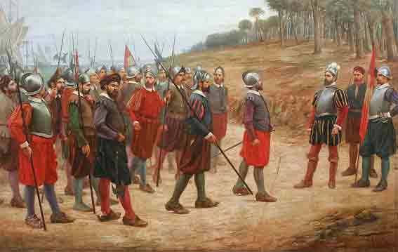 Francisco Pizarro en la isla del Gallo, invitando a sus soldados a cruzar la línea trazada en el suelo, si deseaban seguir en su expedición hacia el Perú. | Óleo de Juan B. Lepiani (1902).
