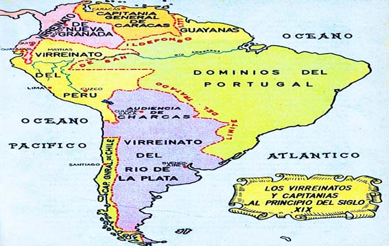 Mapa de virreinatos y capitanías al principio del siglo XIX | Dibujo: Jorge Galvez Almeida (1962)