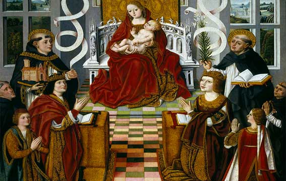 La Virgen de los Reyes Católicos, personajes representados: Fernando II de Aragón, Isabel I de Castilla, Virgen María y el Niño Jesus | Dibujo: Anónimo (entre 1491 y 1493)