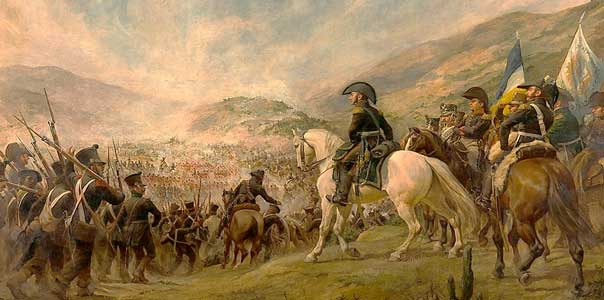 Batalla de Chacabuco (12 de febrero de 1817), tropas argentinas y chilenas rumbo lideradas por el general José de San Martín | Ilustración de Pedro Subercaseaux.