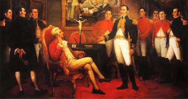 Entrevista en la casona antigua de Punchauca (Carabayllo Perú), entre el virrey del Perú José de la Serna y el Libertador José de San Martín el 2 de junio de 1821 | Ilustración de Juan Lepiani. 
