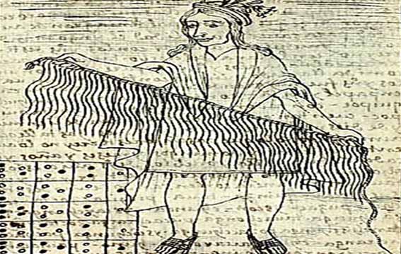 Descripción de la imagen: Al centro un quipucamayoc portando un quipu y en la parte izquierda inferior de la imagen una Yupana (tabla de cuentas inca) | Ilustración de Felipe Guamán Poma de Ayala (1615).