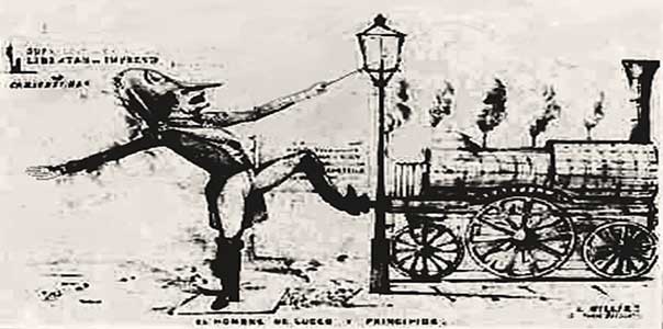 Caricatura de Ramón Castilla junto a una Locomotora de vapor (ferrocarril Rocket, el primero en el Perú) y a un Farol de Alumbrado público | 15/08/1850.